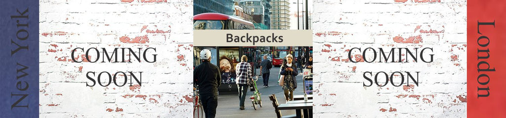Backpacks banner, featuring two backpacks and a London city backdrop.